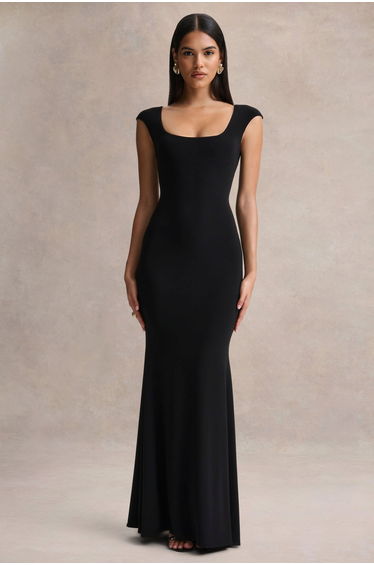 Piper | Black Square-Neck Maxi Dress With Cap-Sleeves
