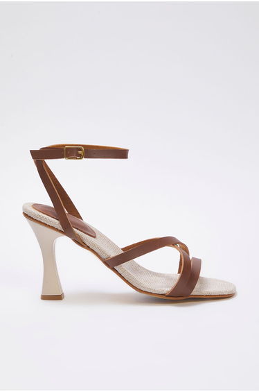 Brown Canvas Detail Women's Ankle Strap High Heel Sandals TAXSS25TO00086