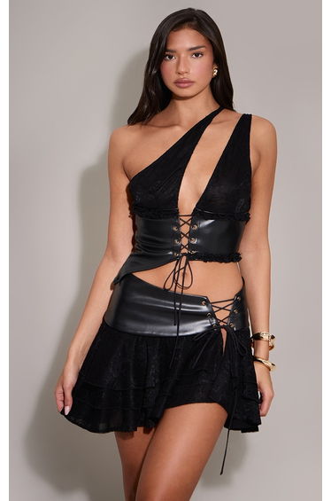 Black Faux Leather Lace Trim Tie Up V Neck Top