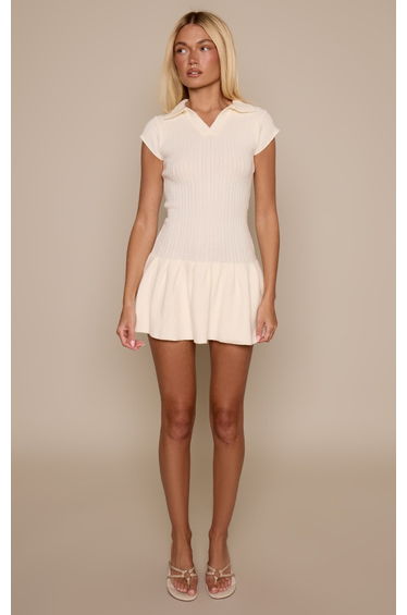 Cream Short Sleeve Dropped Waist Knitted Mini Dress