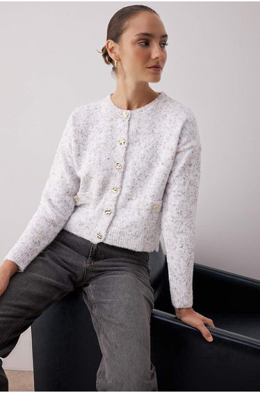 Ecru Wide Pattern Gradient Soft Textured Knitwear Cardigan