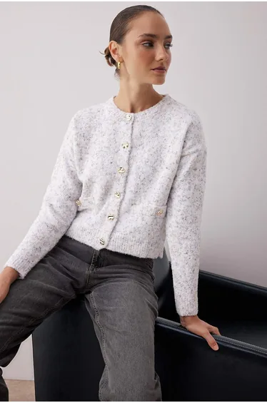 Ecru Wide Pattern Gradient Soft Textured Knitwear Cardigan