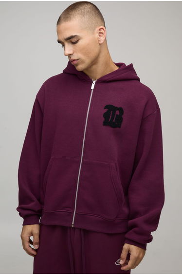 Boxy Fit B Applique Zip Through Hoodie - burgundy