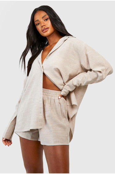 Cotton Tonal Pinstripe Pyjama Short - stone