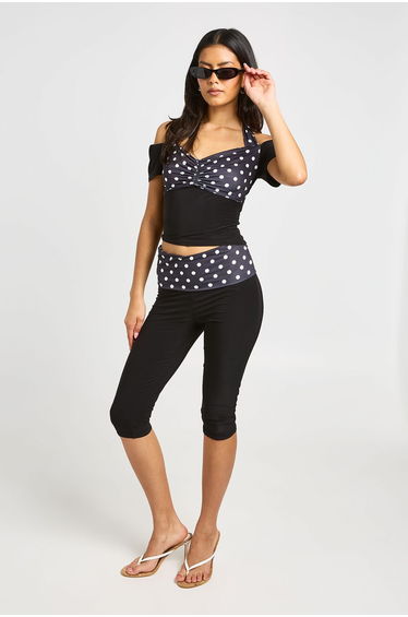 Slinky Polka Dot Tie Neck Cap Sleeve Top - black