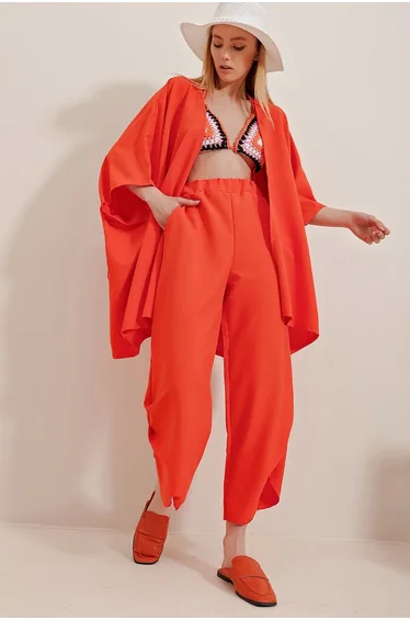 Women's Orange With Slit Legs, Textured Trousers and a Jacket Double Suit