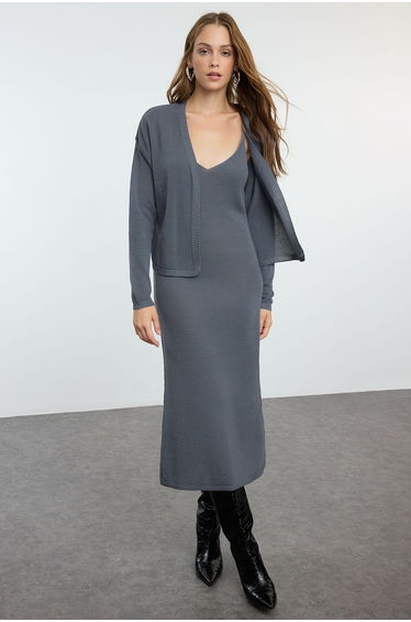 Anthracite Midi Knitwear Premium Quality Cardigan Dress