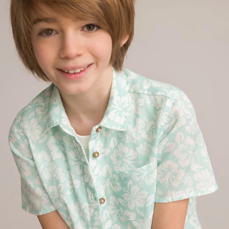 Hawaiian Print Cotton Shirt with Short Sleeves - 1