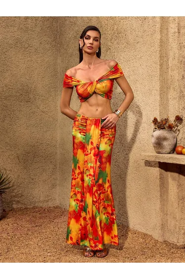 Charan Off Shoulder Crop Ruched Floral Skirt Set