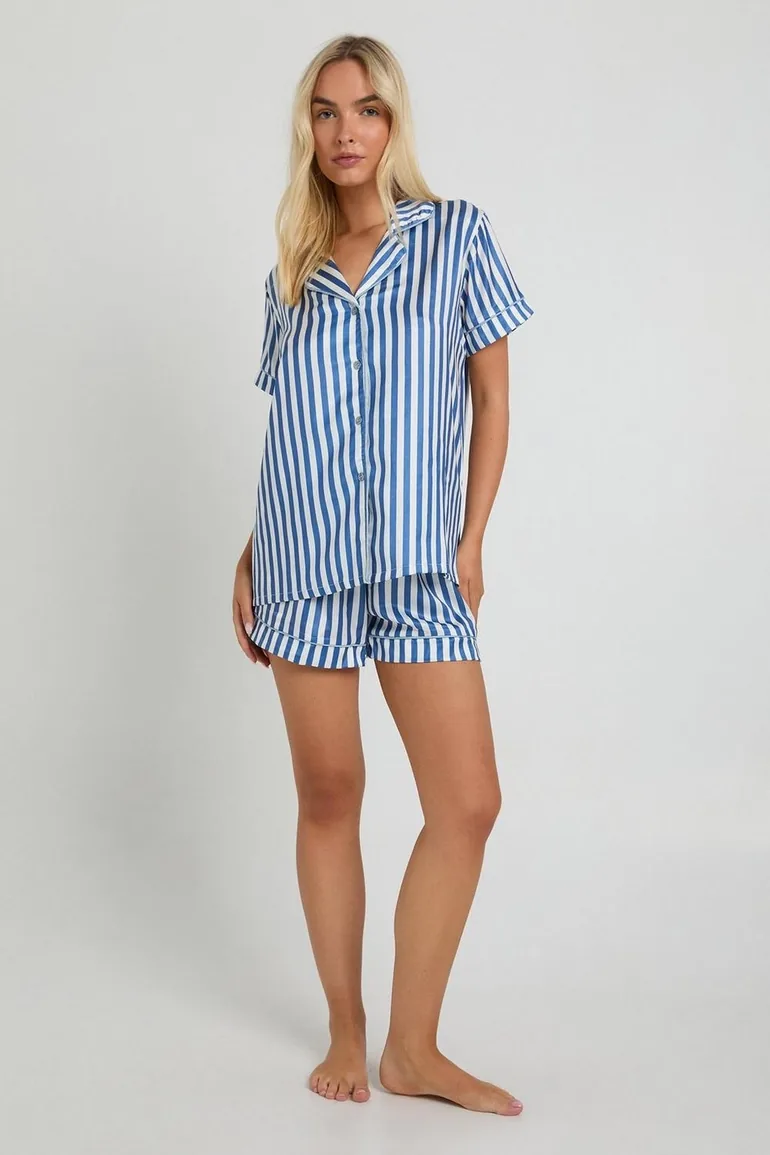 Contrast Stripe Short Sleeve Shirt and Short Pyjama Set - baby blue - 2