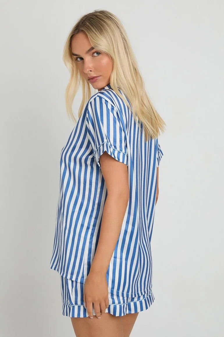 Contrast Stripe Short Sleeve Shirt and Short Pyjama Set - baby blue - 1