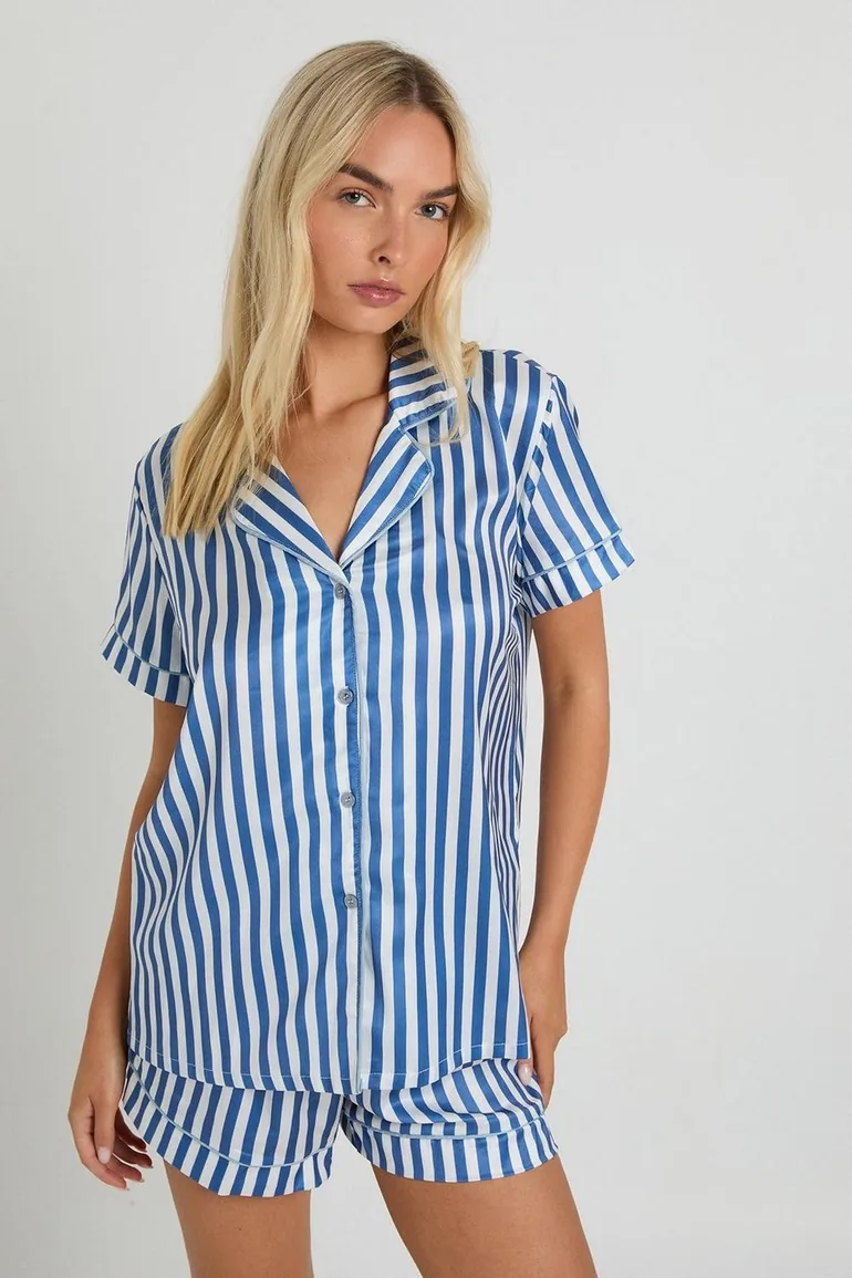 Contrast Stripe Short Sleeve Shirt and Short Pyjama Set - baby blue