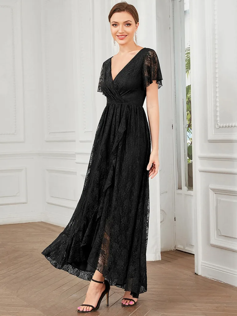 ever ELISE|Pleated V-Neck Lace Formal Evening Dress - 2