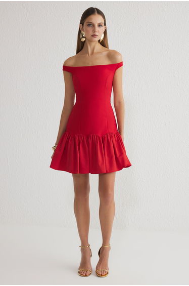 Red A-Line Carmen Collar Woven Short Dress