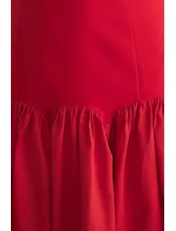 Red A-Line Carmen Collar Woven Short Dress - 3