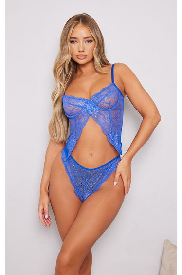 Cobalt Split Front Detail Lace Corset Lingerie Set