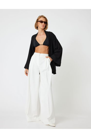 Linen Blend Kimono 3/4 Sleeve Pocket Belted