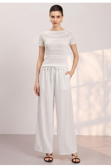 Rolled Neck Short Sleeve Pointelle Knit Top in Ivory for Countryside Trip & Outdoor Picnic