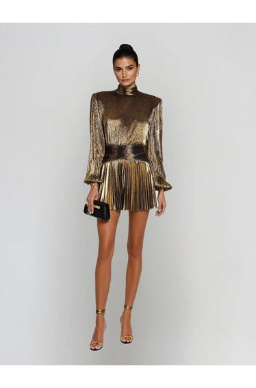 Hamilton Pleated Metallic Dress In Gold