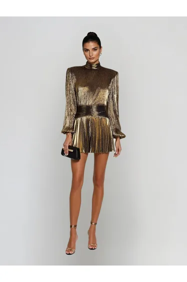 فستان ميتاليك بكسرات - ذهبي