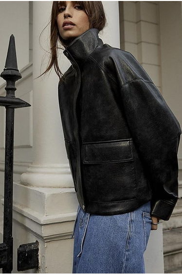 Black Funnel Neck Faux Leather Bomber Jacket