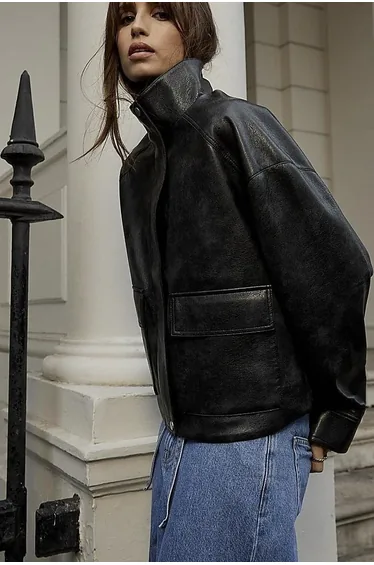 Black Funnel Neck Faux Leather Bomber Jacket