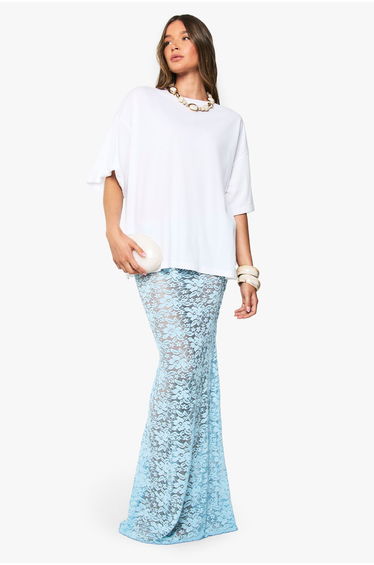 Lace Maxi Column Skirt - light blue