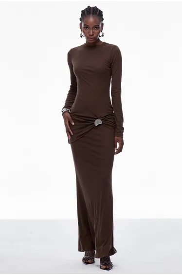 Brandr Ruch Bodycon Maxi Dress In Brown