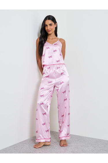 Pink Bow Striped Print Satin Cami and Pyjama Set
