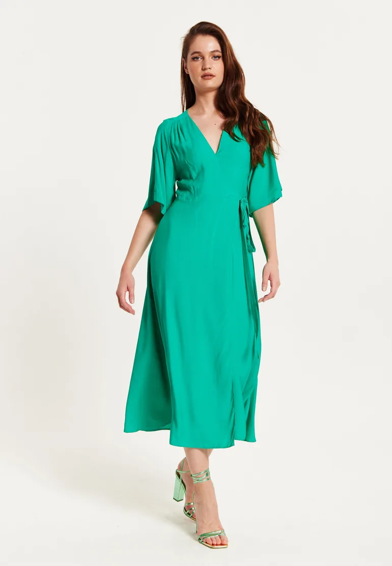 Women's Midi Wrap Dress in Green with Kimono Sleeves and Tie Waist . Liquorish Green : Day Dresses : VogaCloset Bahrain Women's Midi Wrap Dress in Green with Kimono Sleeves and Tie Waist . Liquorish Green : Day Dresses : VogaCloset Bahrain