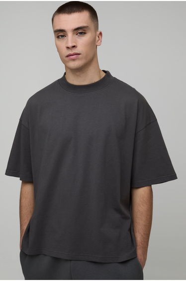 Basic Oversized Boxy Extended Neck T-Shirt - charcoal