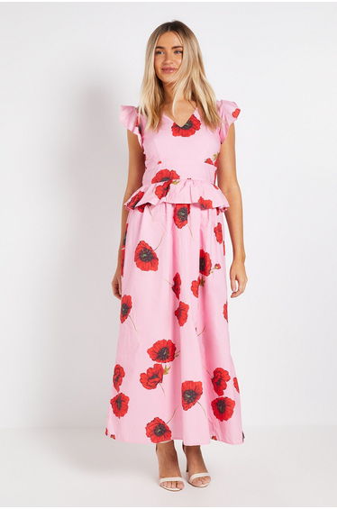 DP Luxe Peplum Frill Detail V Neck Printed Maxi Dress