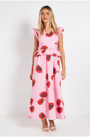 DP Luxe Peplum Frill Detail V Neck Printed Maxi Dress