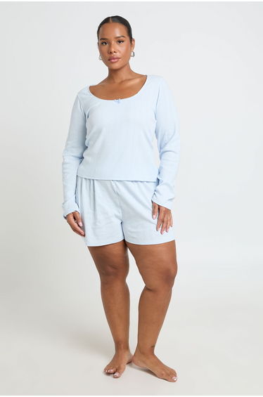 Plus Pointelle Scoop Neck Long Sleeve Pyjama Top - baby blue