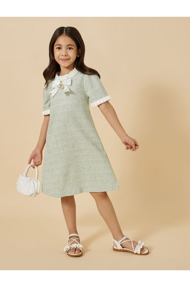 Tweed Ruffle Trim Dress with Bow Detail