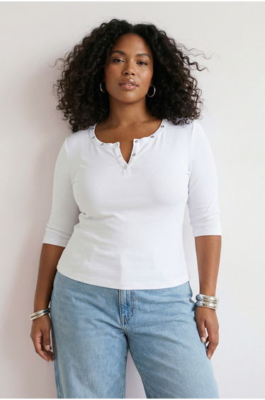 Ecru ribbed knit plus size blouse