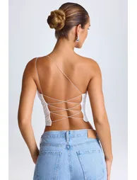 One-Shoulder Lace-Up Top in White - 2