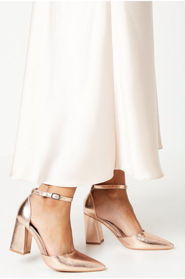 Blanche Ankle Strap Pointed High Block Heel Court Shoes