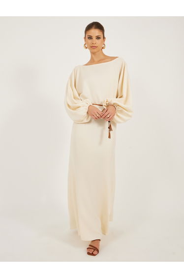 Solid Balloon Sleeves Boat Neck A-Line Maxi Dress
