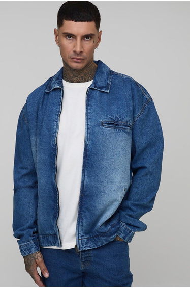 Tall Oversized Boxy Zip Up Denim Overshirt - mid wash
