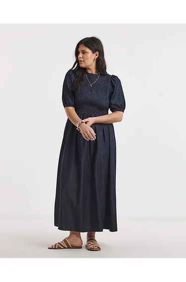 Indigo Denim Soleil Shirred Midaxi Dress