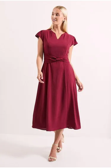 فستان ميدي بحافة واسعة - أحمر