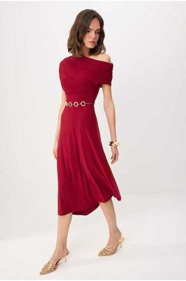 Burgundy Off Shoulder Gathered Sleeve Midi Length Chain Belted Party Dress