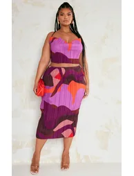 Plus Pink Print Plisse Strappy Cowl Neck Top