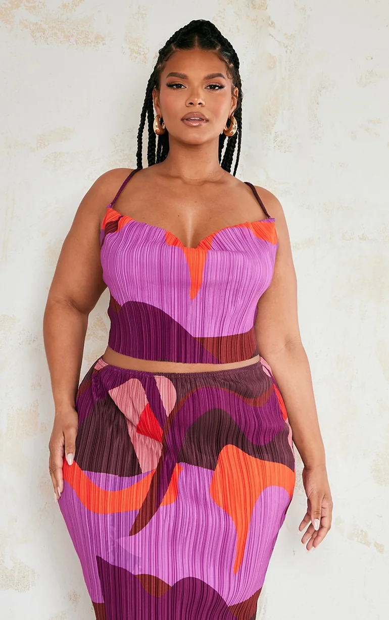 Plus Pink Print Plisse Strappy Cowl Neck Top - 1