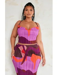 Plus Pink Print Plisse Strappy Cowl Neck Top - 1