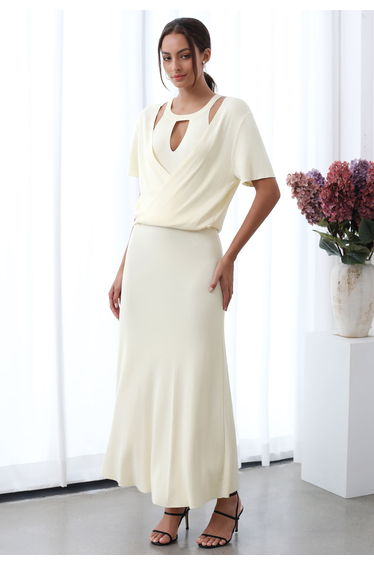 Halter Neck Cutout Wrap Knit Twinset Dress in Cream