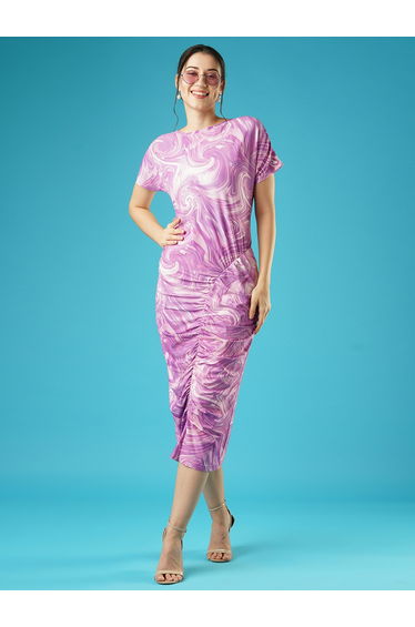 Abstract Printed Ruched Bodycon Midi Dress