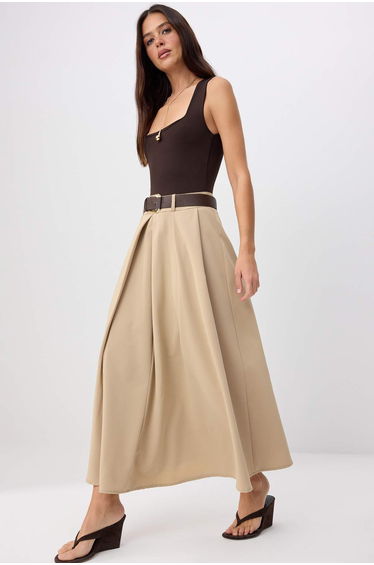 Beige Belted A-Line Flared Woven Maxi Long Skirt