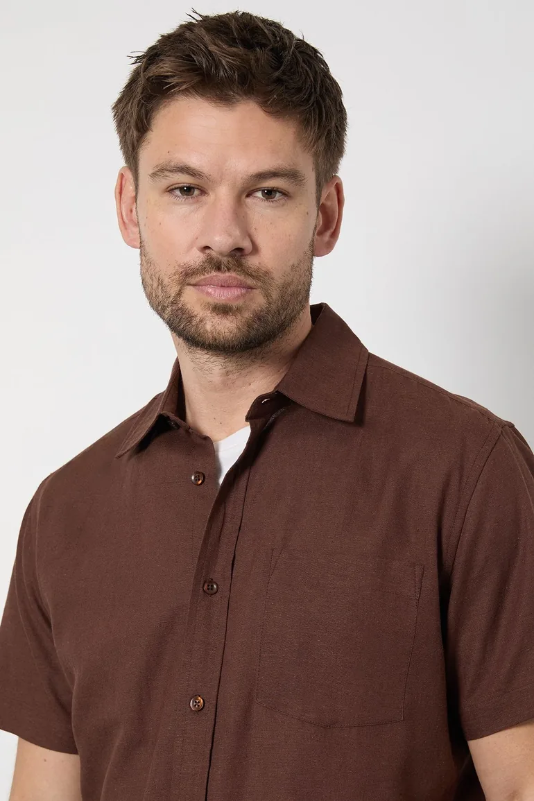 Chocolate Linen Blend Short Sleeve Shirt - 2